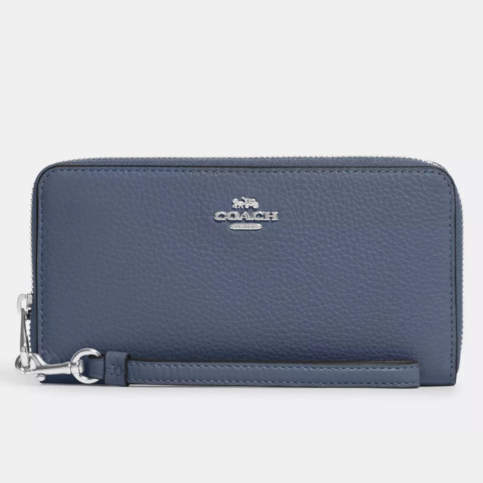 Nwot Coach Long Zip Around Wallet In Silver/Washed Chambray